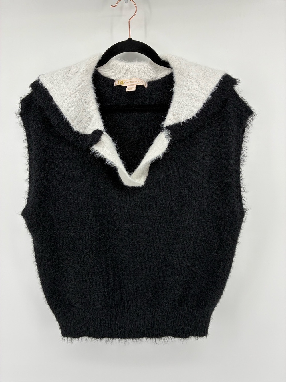 Black & White Fuzzy Collar Sleeveless Sweater Vest